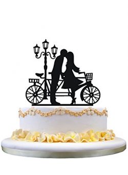 Wedding cake topper silhouette BF GF kissing beside Lamp and Tandem bicycle