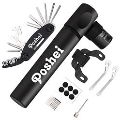 Mini Bike Pump with Multi Function Bike Repair Tools Kit, Poshei Alloy Bicycle Tire Pump Fits Pr ...