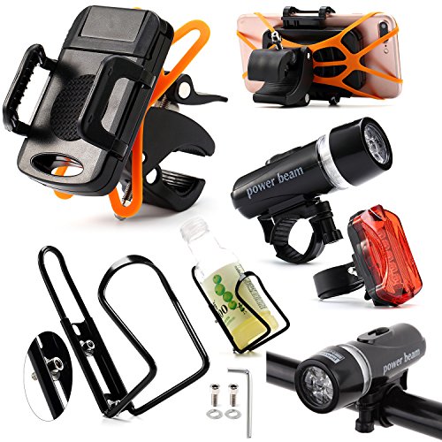 Biking Accessories Kit – Water Bottle Holder / Mount (1) + LED Bike Light (1) + iPhone / S ...