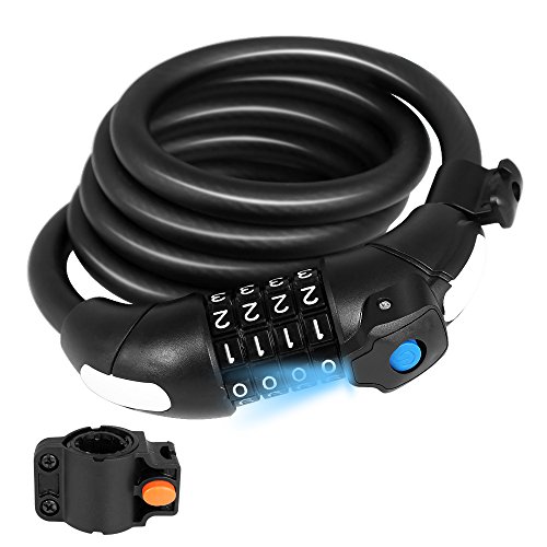 Puroma Bike Cable Lock with LED light and Mounting Bracket, Auto Shut-off 4 Digit Combination Re ...