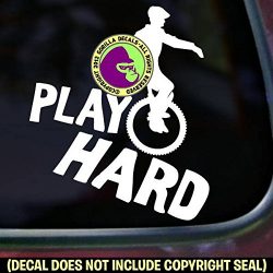 PLAY HARD Mountain Unicycle Unicycling Decal Vinyl Bumper Sticker Laptop Window Car Wall WHITE