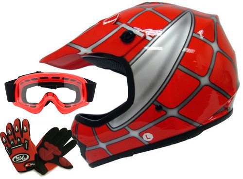TMS Youth Kids Red Spider Net Dirt Bike Atv Motocross Helmet W/goggles/gloves (Large)