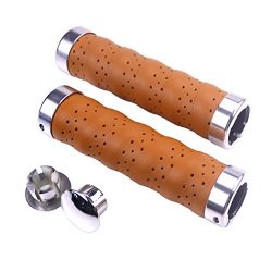 KINGOU Brown Leather Handlebar Grip For Bicycle/Fixed Gear/Mountain/Folding Bike Double Lock-on  ...