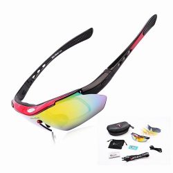 WOLFBIKE POLARIZE Sports Cycling Sunglasses with 5 Set Interchangeable Lenses Red Frame