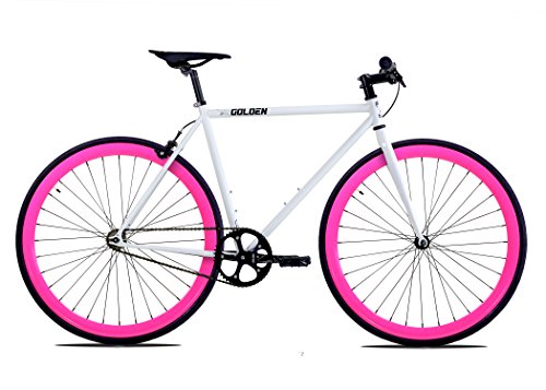 Golden Cycles Single Speed Fixed Gear Bike with Front & Rear Brakes (Dahlia 48), White/Pink