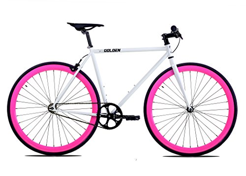 Golden Cycles Single Speed Fixed Gear Bike with Front & Rear Brakes (Dahlia 48), White/Pink