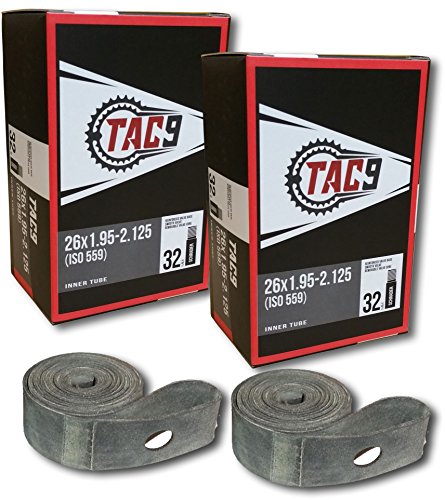 TAC 9 Bike Tubes, 26 x 1.95-2.125 Regular Valve 32mm – With OPTIONAL rim strips and tire l ...