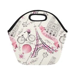 InterestPrint Insulated Lunch Tote Bag Romantic Eiffel Tower Pink Reusable Neoprene Cooler, Pari ...