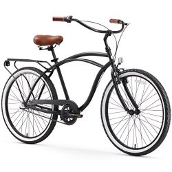 sixthreezero Around The Block Men’s 3-Speed Cruiser Bicycle, Matte Black w/Brown Seat/Grips