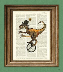 Dapper velociraptor on a unicycle with top hat and monocle dinosaur beautifully upcycled diction ...