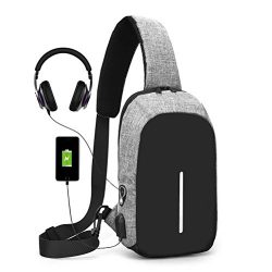 Sling Bag with USB Charging Port & Headphone Hole, Smart Crossbody Bag College School Chest  ...
