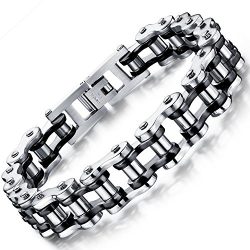 OSTAN Men’s stainless steel Chain Link Bracelet Bike wrist (Black Silver)