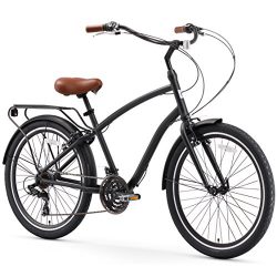 sixthreezero EVRYjourney Men’s 21-Speed Hybrid Cruiser Bicycle, Matte Black w/Brown Seat/Grips