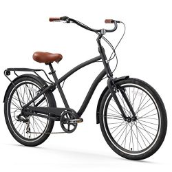 sixthreezero EVRYjourney Men’s 7-Speed Hybrid Cruiser Bicycle, Matte Black w/Brown Seat/Grips