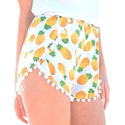 Clearance Sale!FarJing Women’s Small Balls Tassel Edge Floral Print Beach Shorts(M,Yellow )