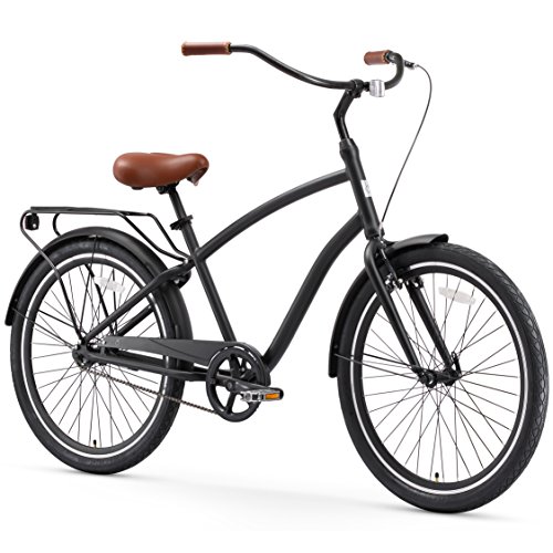 sixthreezero EVRYjourney Men’s Single-Speed Hybrid Cruiser Bicycle, Matte Black w/Brown Se ...